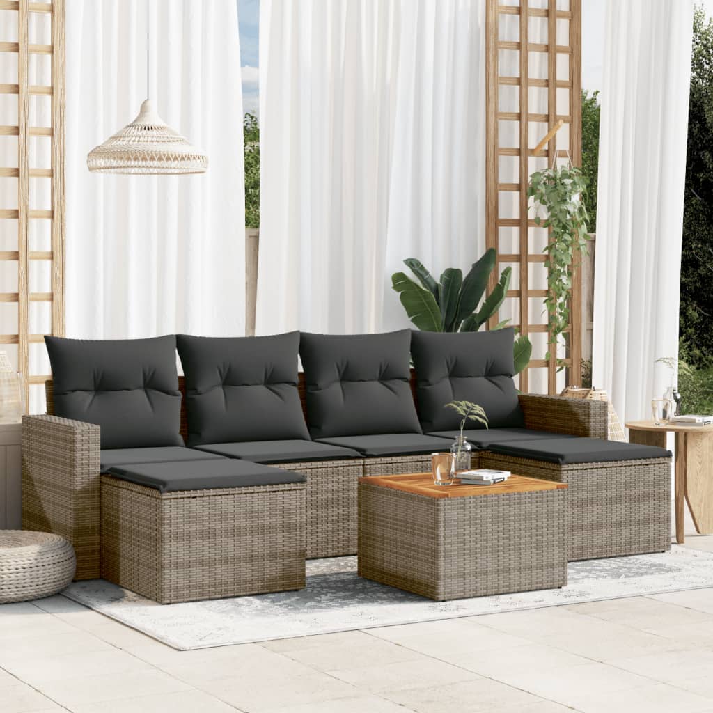 7-tlg. Garten-Sofagarnitur mit Kissen Grau Poly Rattan