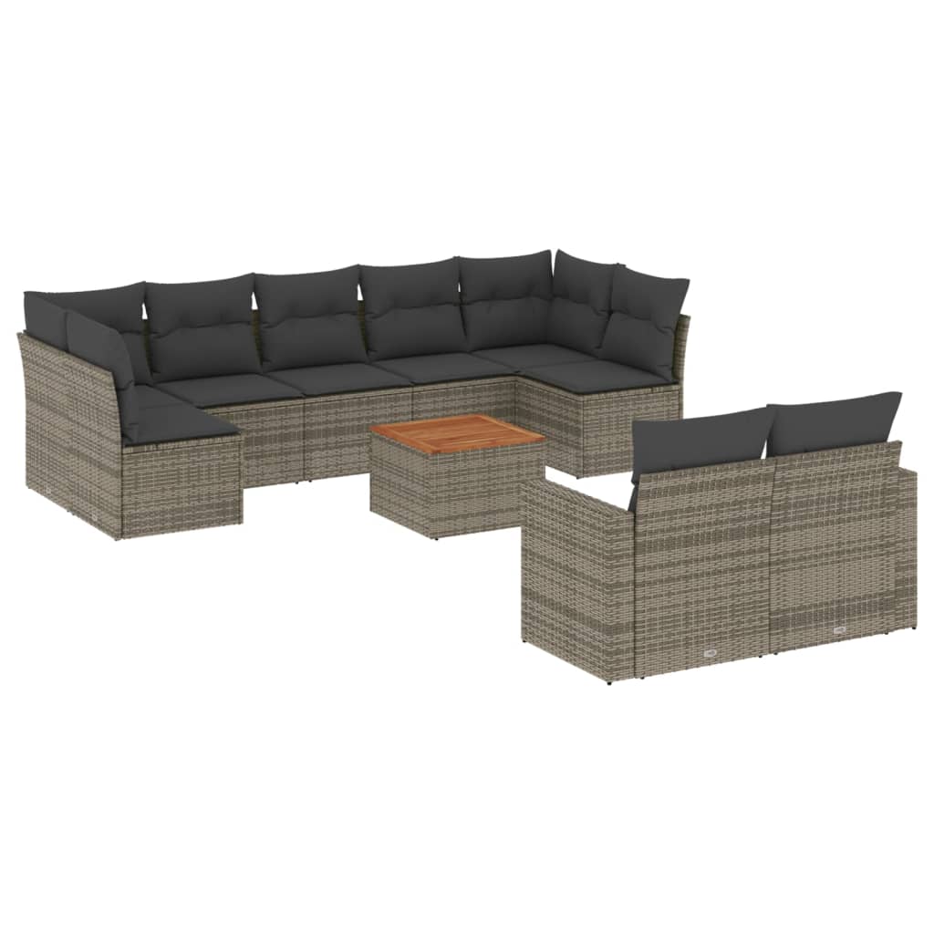 10-tlg. Garten-Sofagarnitur mit Kissen Grau Poly Rattan