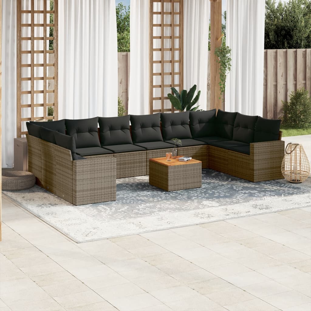 11-tlg. Garten-Sofagarnitur mit Kissen Grau Poly Rattan