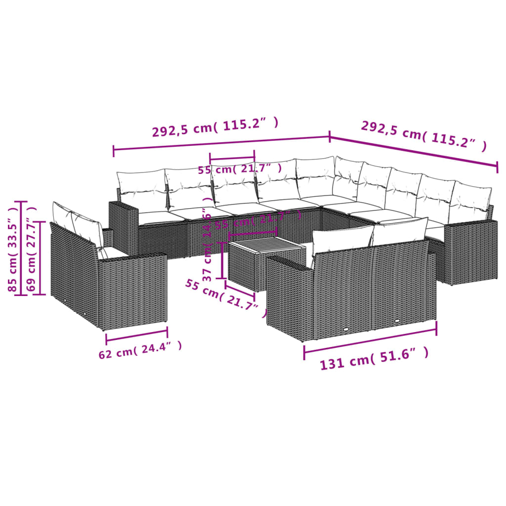 14-tlg. Garten-Sofagarnitur mit Kissen Grau Poly Rattan