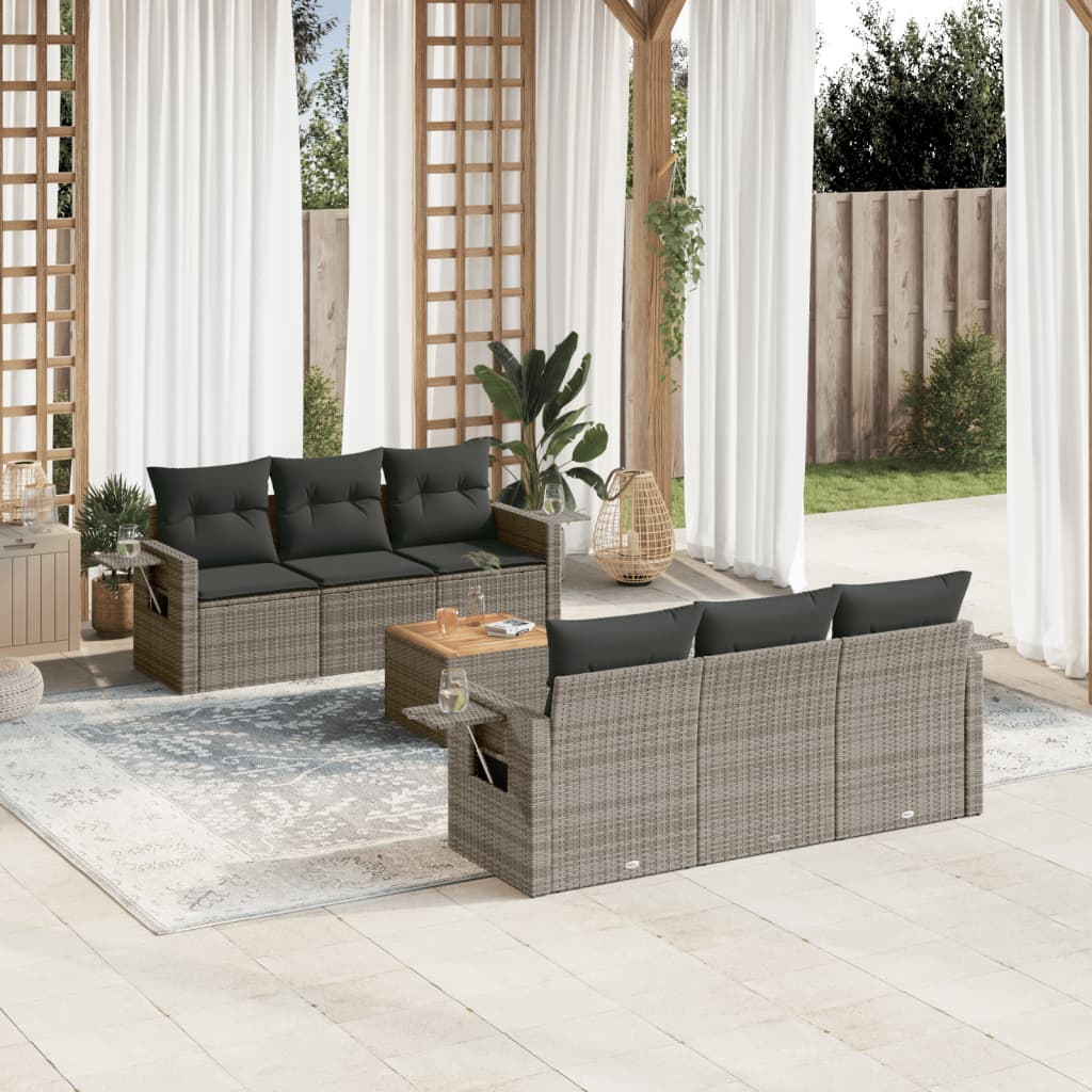 7-tlg. Garten-Sofagarnitur mit Kissen Grau Poly Rattan