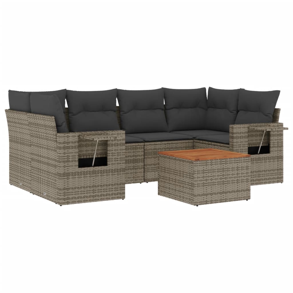 7-tlg. Garten-Sofagarnitur mit Kissen Grau Poly Rattan