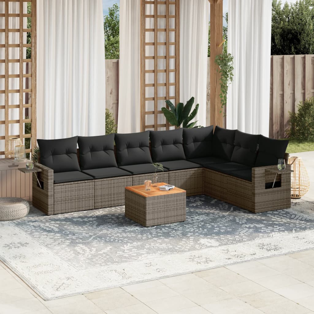 8-tlg. Garten-Sofagarnitur mit Kissen Grau Poly Rattan