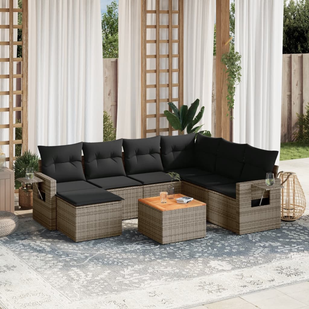 8-tlg. Garten-Sofagarnitur mit Kissen Grau Poly Rattan