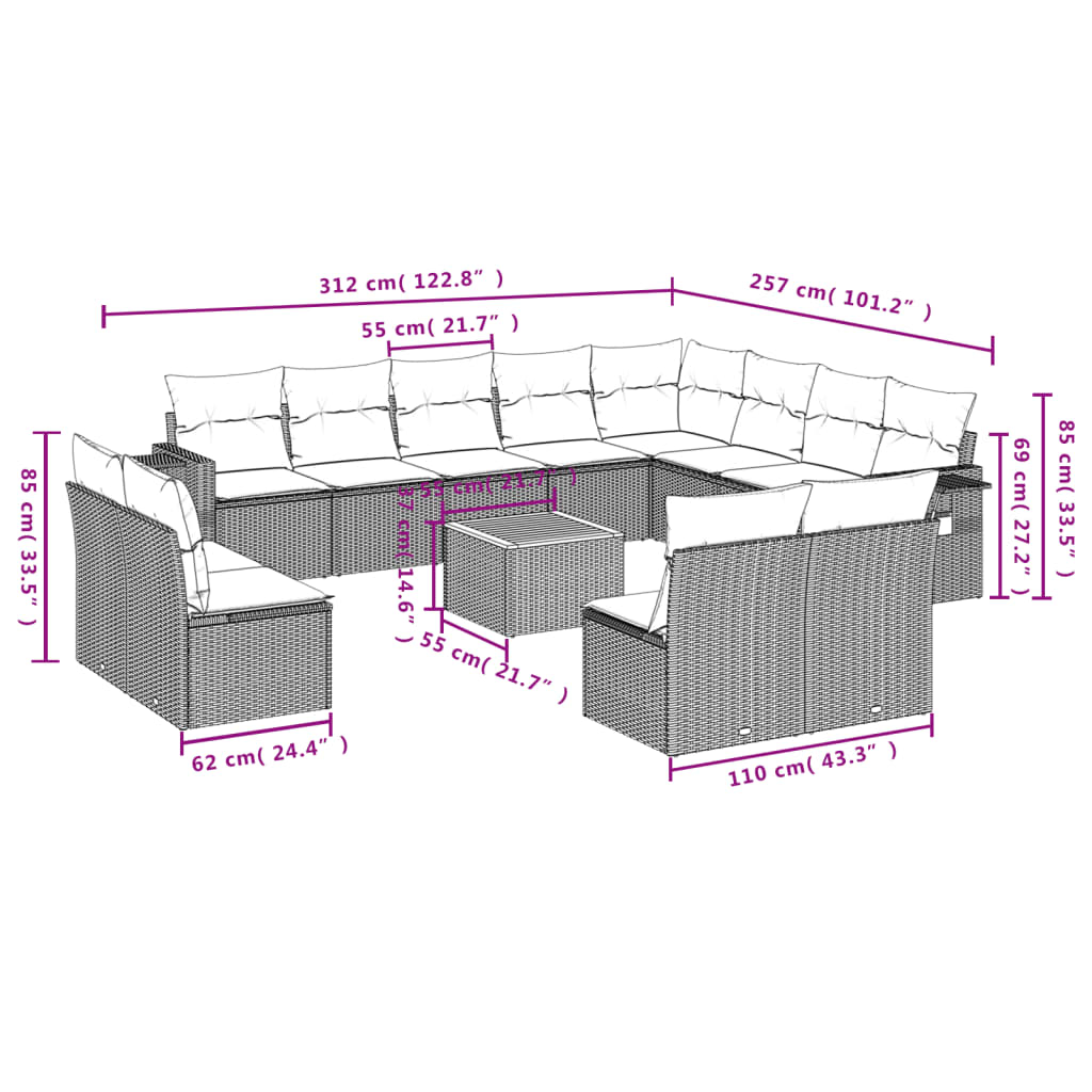 13-tlg. Garten-Sofagarnitur mit Kissen Grau Poly Rattan