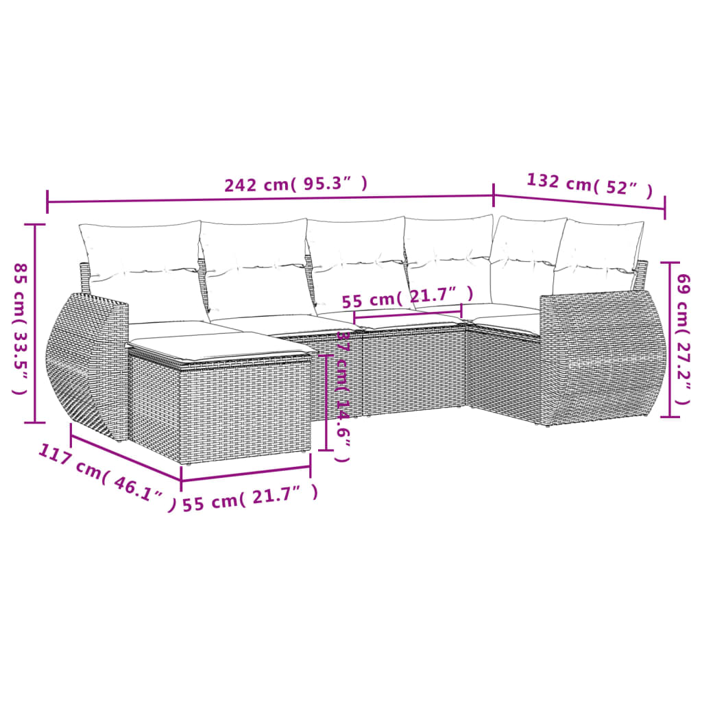 6-tlg. Garten-Sofagarnitur mit Kissen Schwarz Poly Rattan