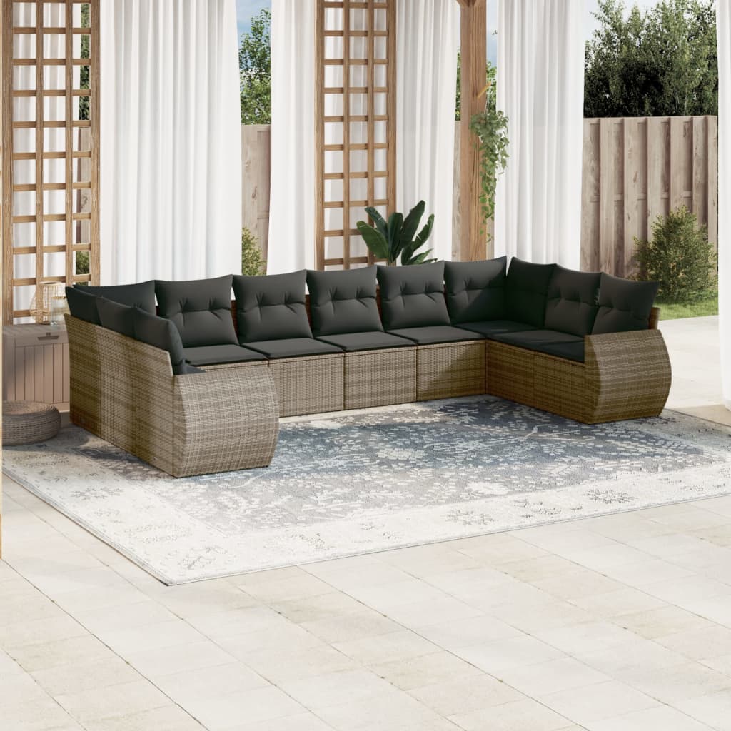 10-tlg. Garten-Sofagarnitur mit Kissen Grau Poly Rattan