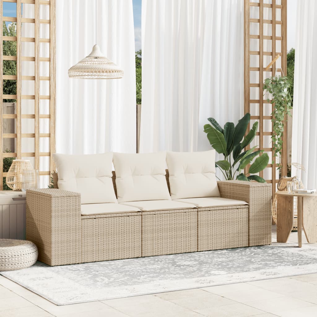 3-tlg. Garten-Sofagarnitur mit Kissen Beige Poly Rattan