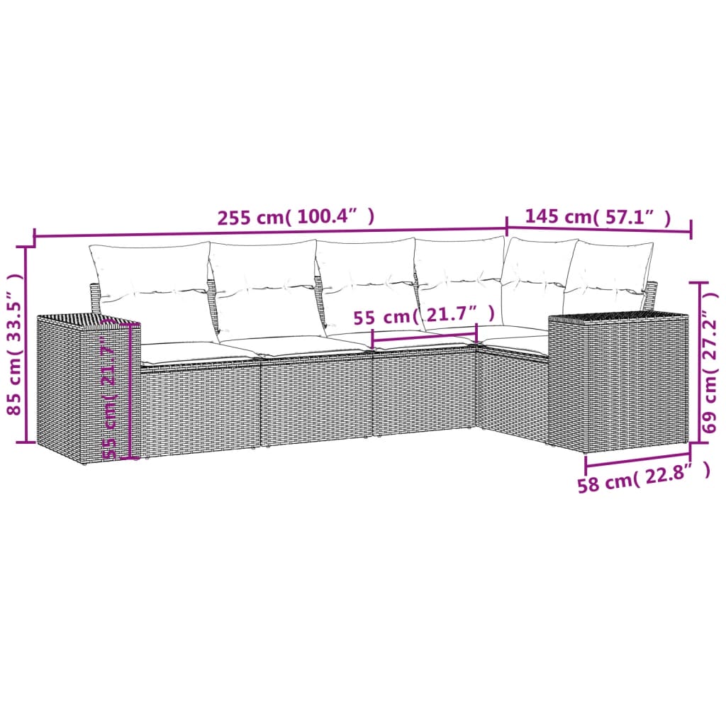 5-tlg. Garten-Sofagarnitur mit Kissen Beige Poly Rattan