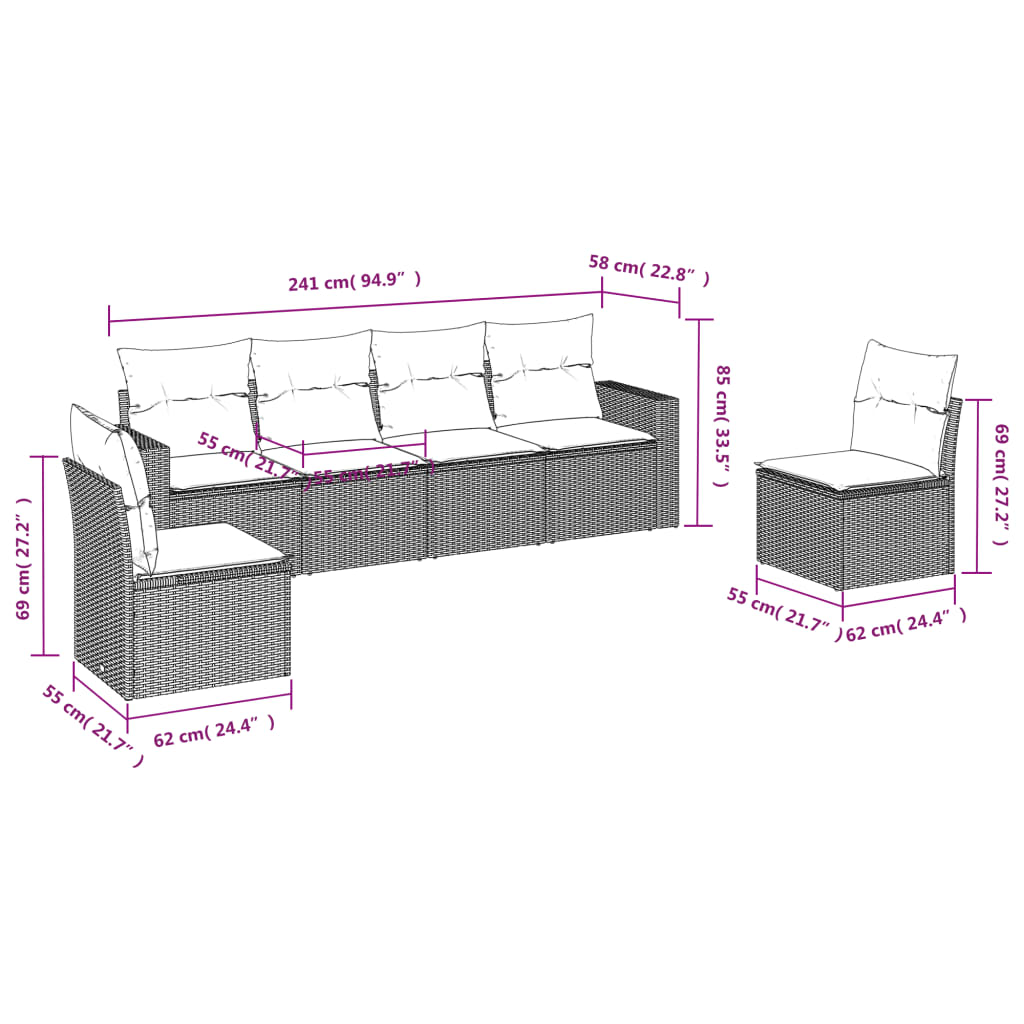 6-tlg. Garten-Sofagarnitur mit Kissen Braun Poly Rattan