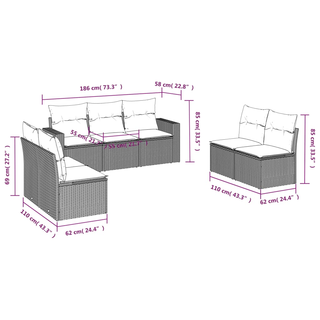 7-tlg. Garten-Sofagarnitur mit Kissen Braun Poly Rattan