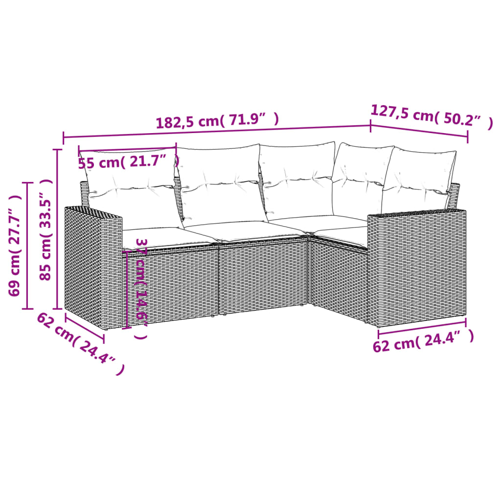 4-tlg. Garten-Sofagarnitur mit Kissen Braun Poly Rattan