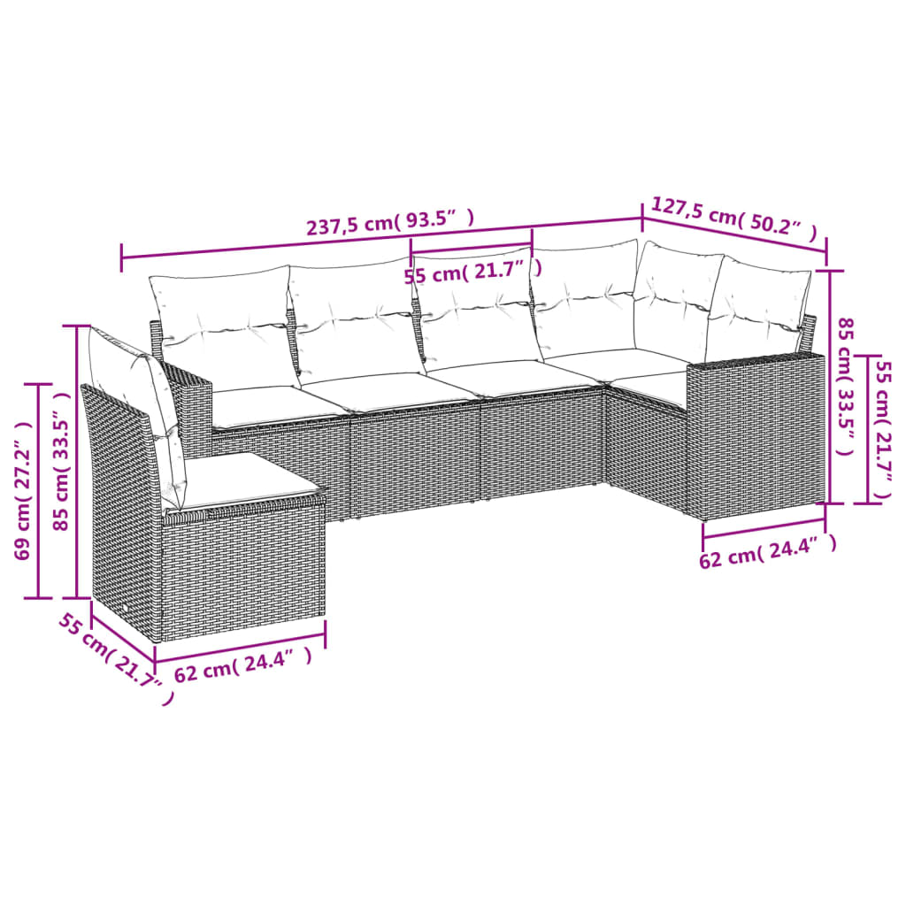 6-tlg. Garten-Sofagarnitur mit Kissen Braun Poly Rattan