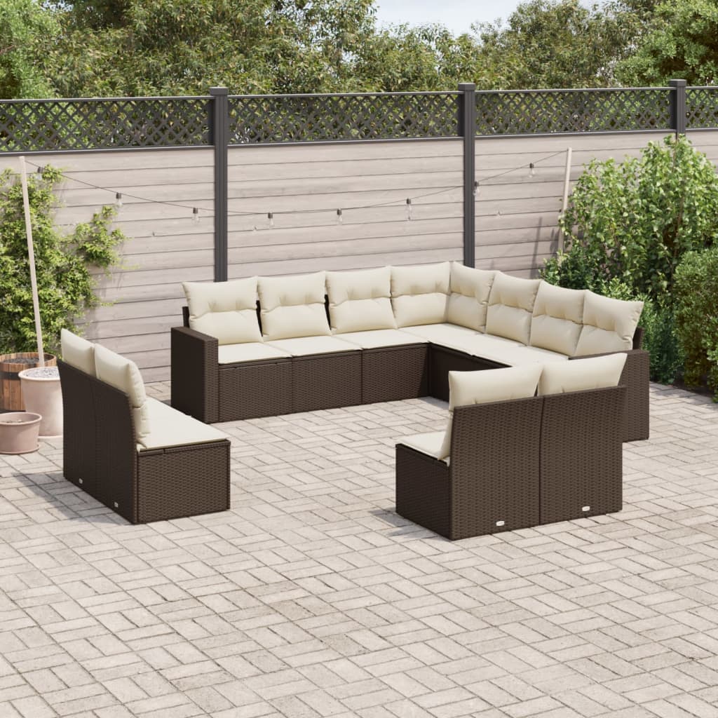 11-tlg. Garten-Sofagarnitur mit Kissen Braun Poly Rattan