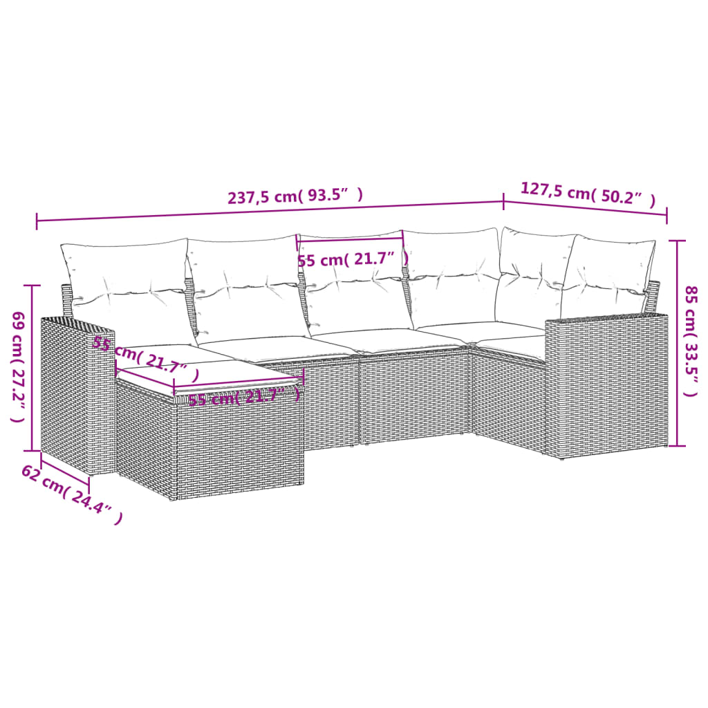 6-tlg. Garten-Sofagarnitur mit Kissen Braun Poly Rattan