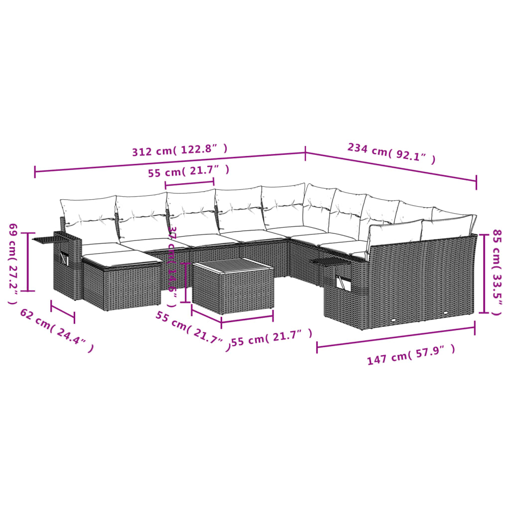 14-tlg. Garten-Sofagarnitur mit Kissen Grau Poly Rattan