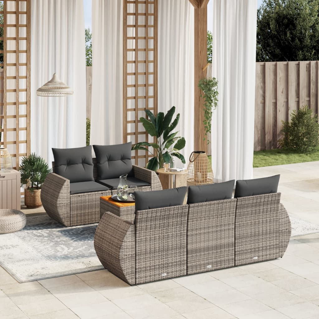 6-tlg. Garten-Sofagarnitur mit Kissen Grau Poly Rattan