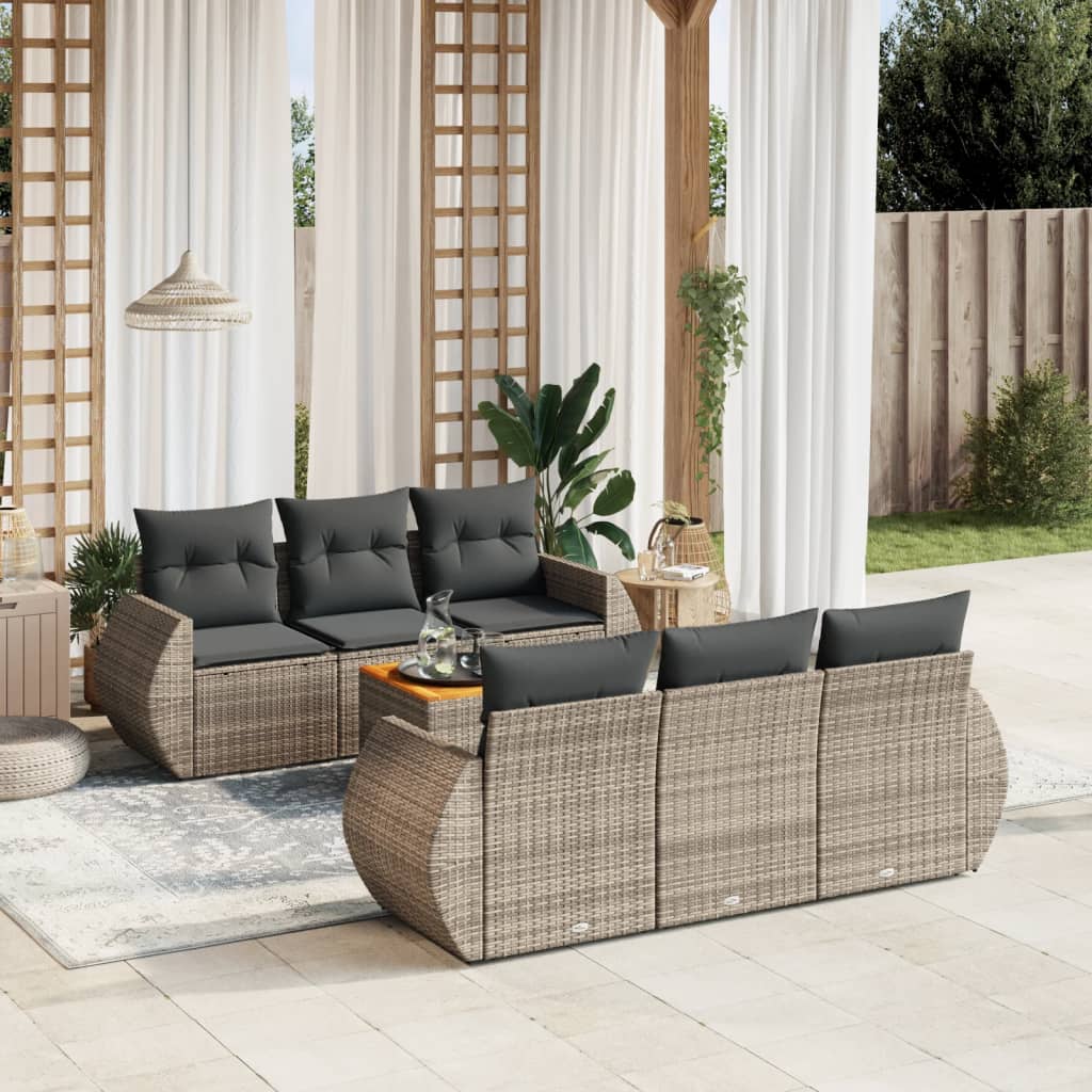 7-tlg. Garten-Sofagarnitur mit Kissen Grau Poly Rattan