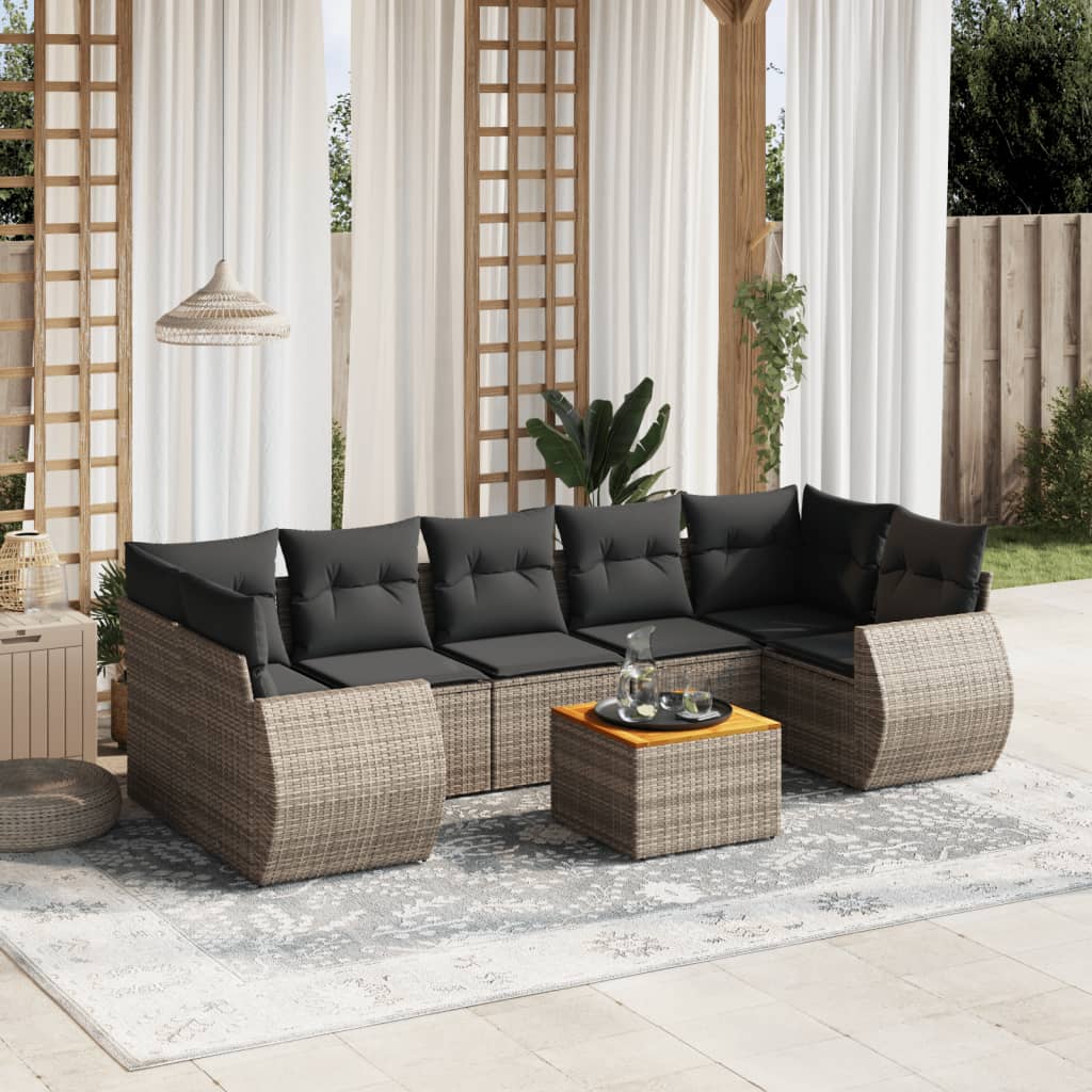 8-tlg. Garten-Sofagarnitur mit Kissen Grau Poly Rattan