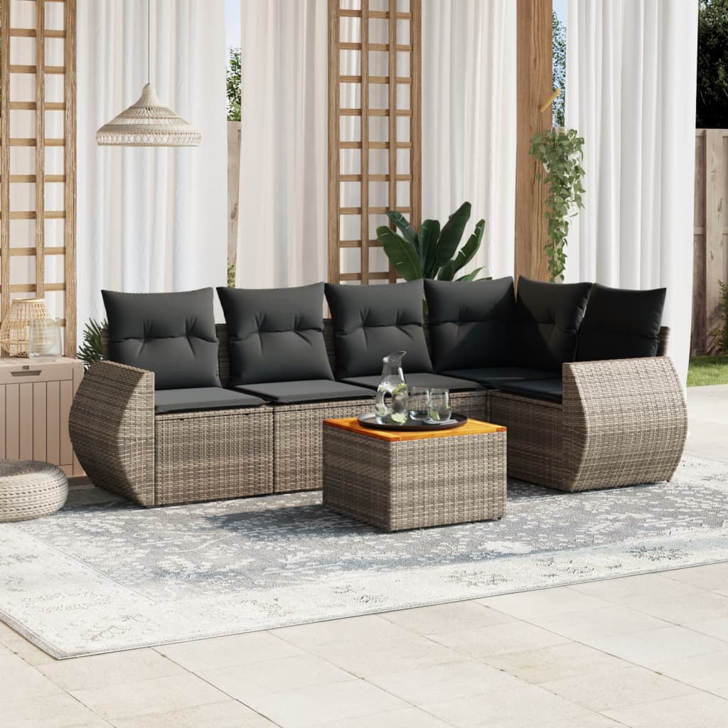 6-tlg. Garten-Sofagarnitur mit Kissen Grau Poly Rattan