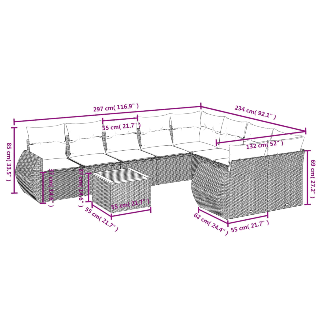 10-tlg. Garten-Sofagarnitur mit Kissen Grau Poly Rattan