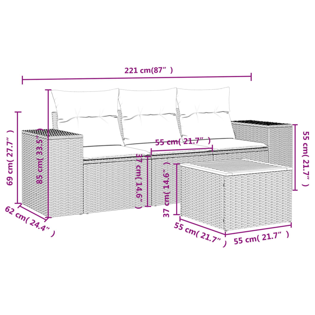 4-tlg. Garten-Sofagarnitur mit Kissen Grau Poly Rattan