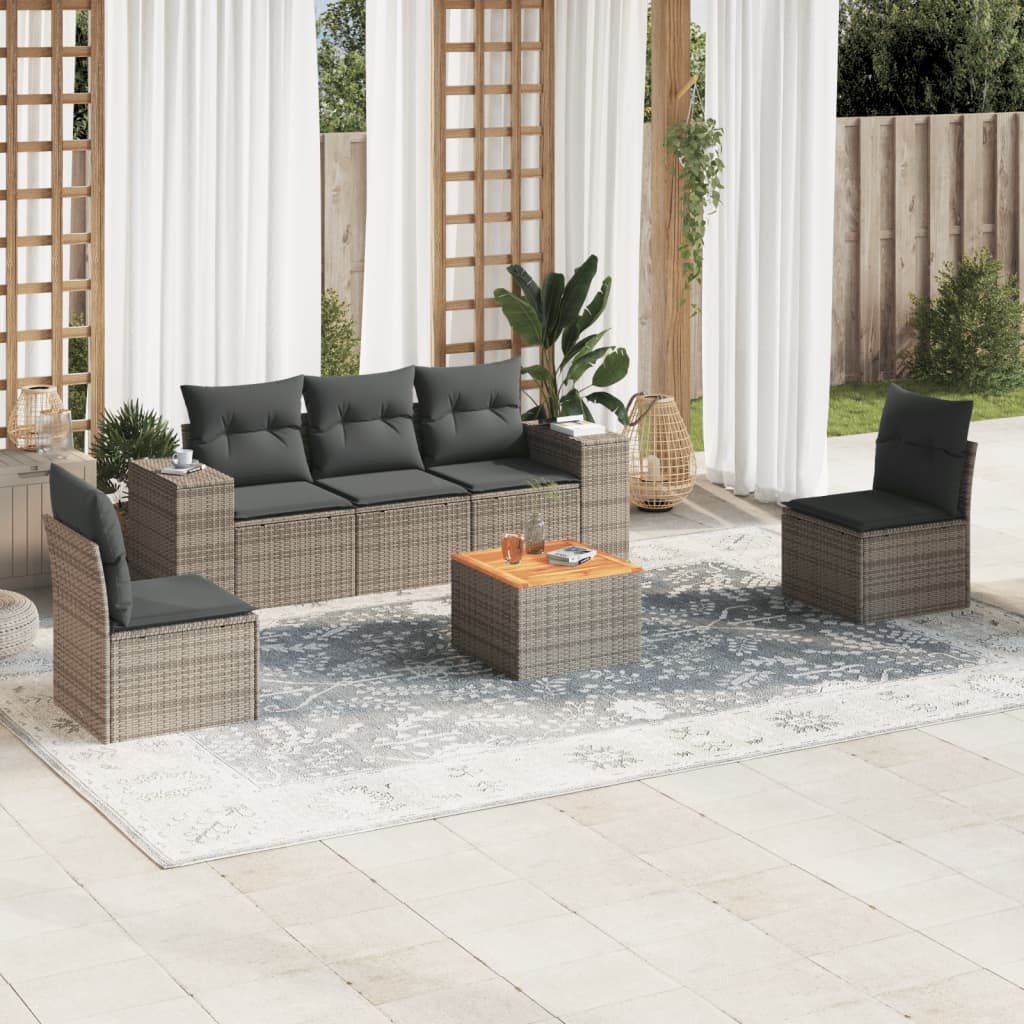 6-tlg. Garten-Sofagarnitur mit Kissen Grau Poly Rattan