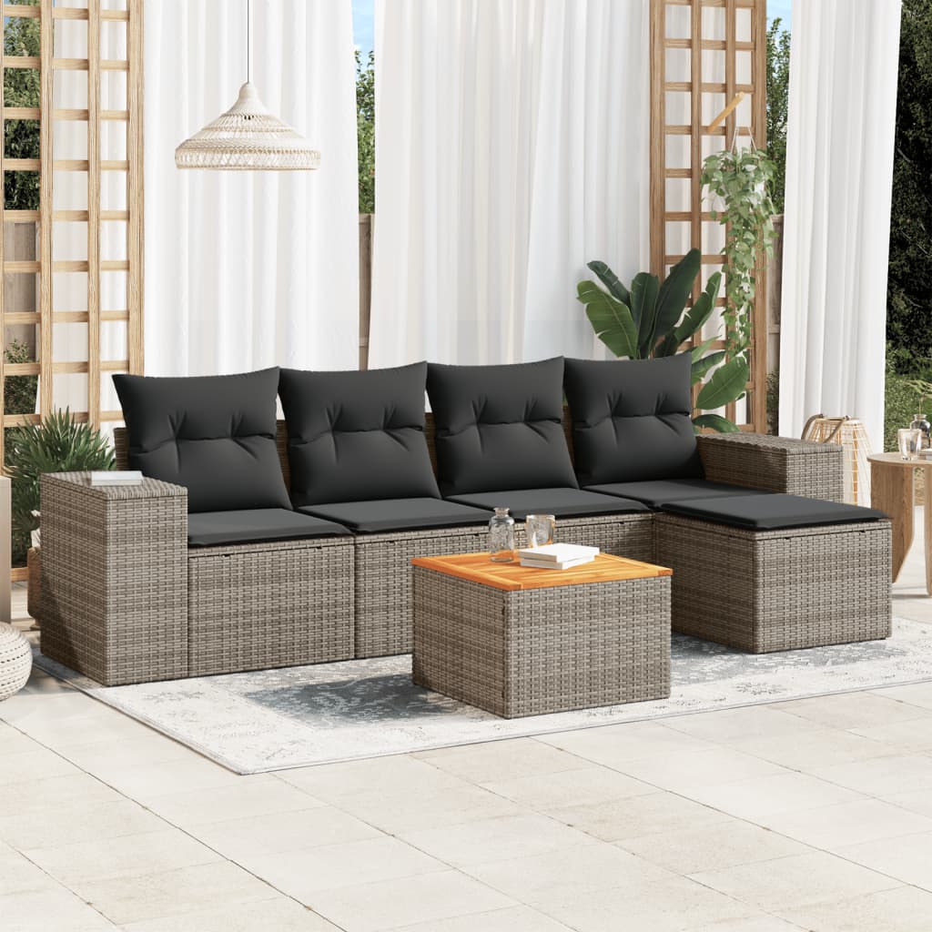 6-tlg. Garten-Sofagarnitur mit Kissen Grau Poly Rattan