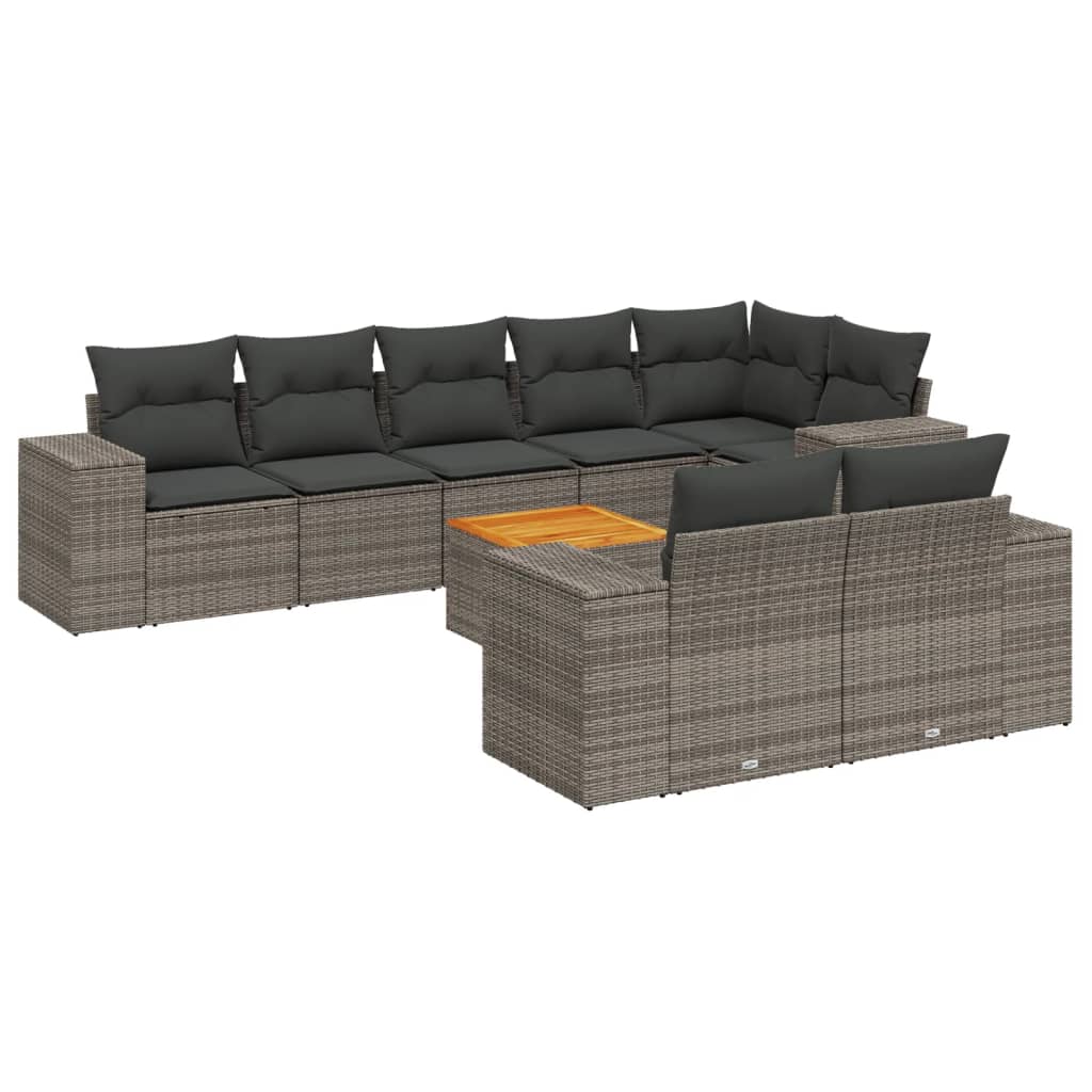 9-tlg. Garten-Sofagarnitur mit Kissen Grau Poly Rattan