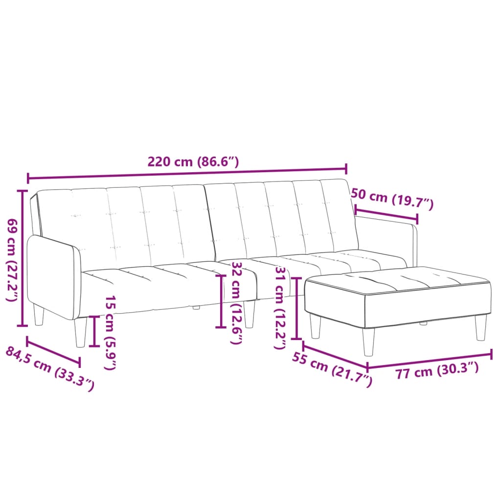 Schlafsofa 2-Sitzer mit Fußhocker Schwarz Samt