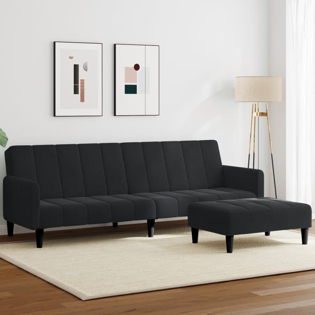 Schlafsofa 2-Sitzer mit Fußhocker Schwarz Samt