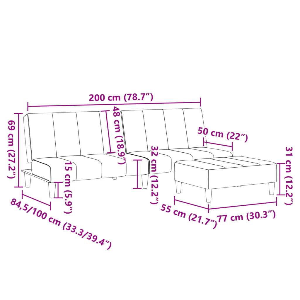 Schlafsofa 2-Sitzer mit Fußhocker Hellgrau Stoff