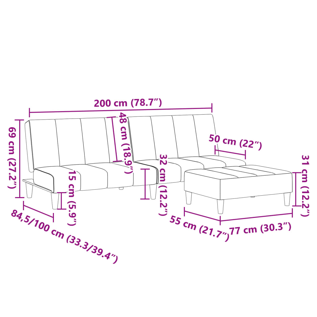 Schlafsofa 2-Sitzer mit Fußhocker Schwarz Stoff