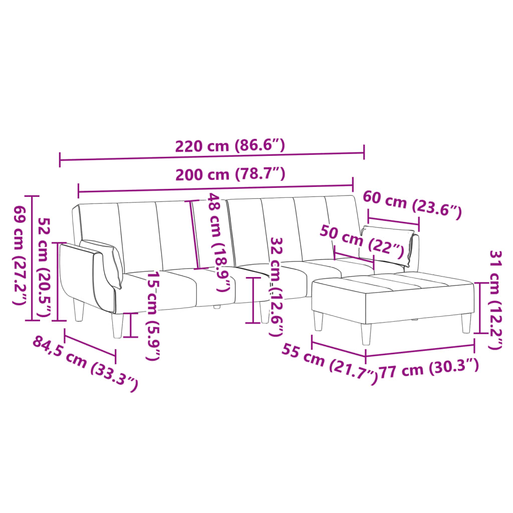 Schlafsofa 2-Sitzer mit Fußhocker Hellgrau Stoff