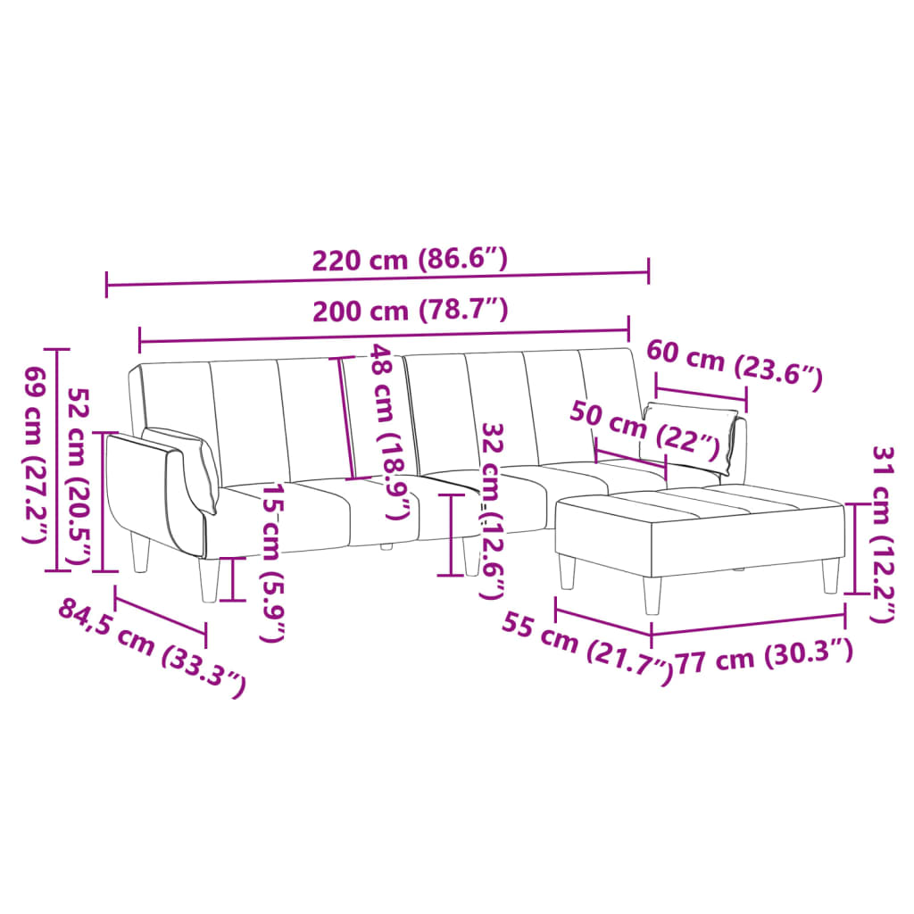 Schlafsofa 2-Sitzer mit Fußhocker Schwarz Stoff