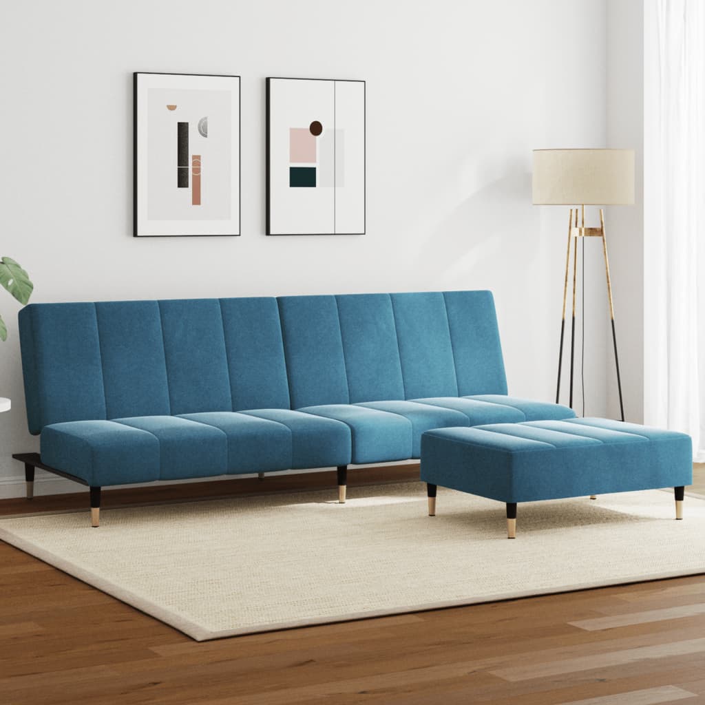 Schlafsofa 2-Sitzer mit Fußhocker Blau Samt