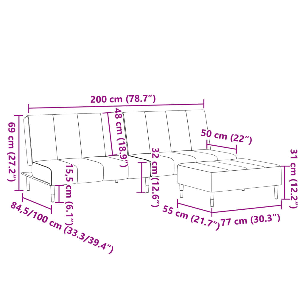 Schlafsofa 2-Sitzer mit Fußhocker Hellgrau Samt