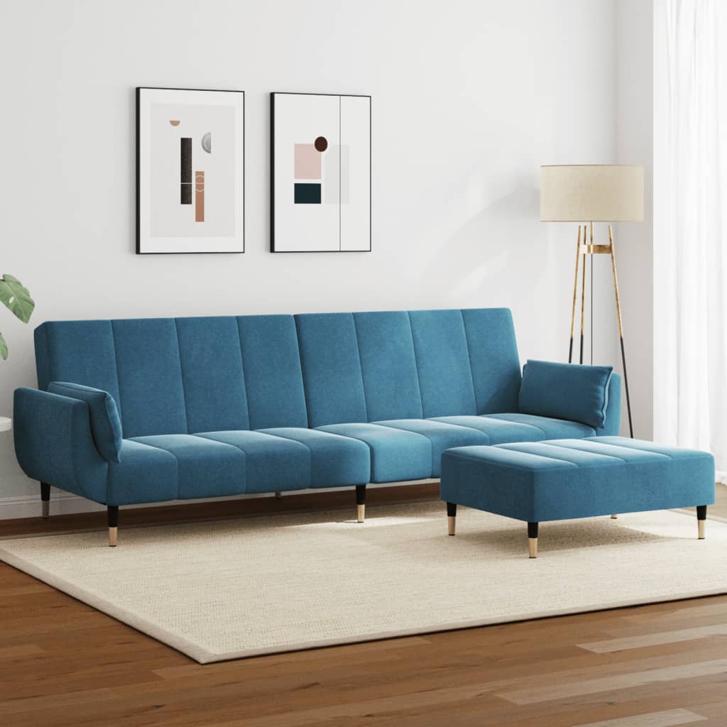 Schlafsofa 2-Sitzer mit Fußhocker Blau Samt