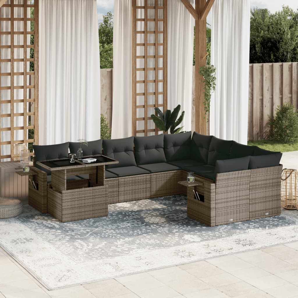 10-tlg. Garten-Sofagarnitur mit Kissen Grau Poly Rattan