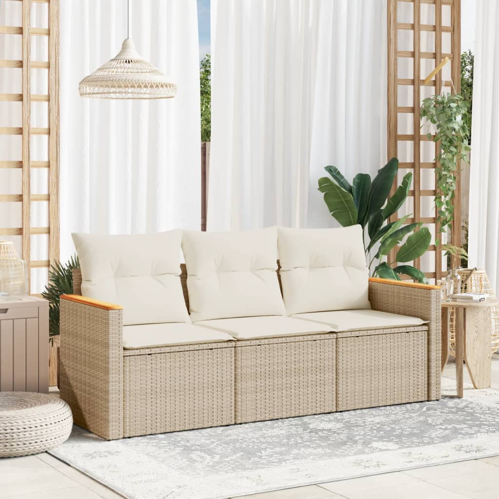 3-tlg. Garten-Sofagarnitur mit Kissen Beige Poly Rattan