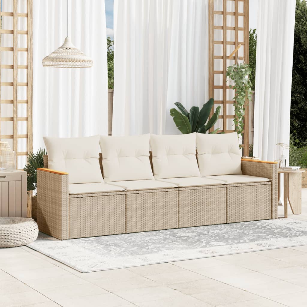 4-tlg. Garten-Sofagarnitur mit Kissen Beige Poly Rattan