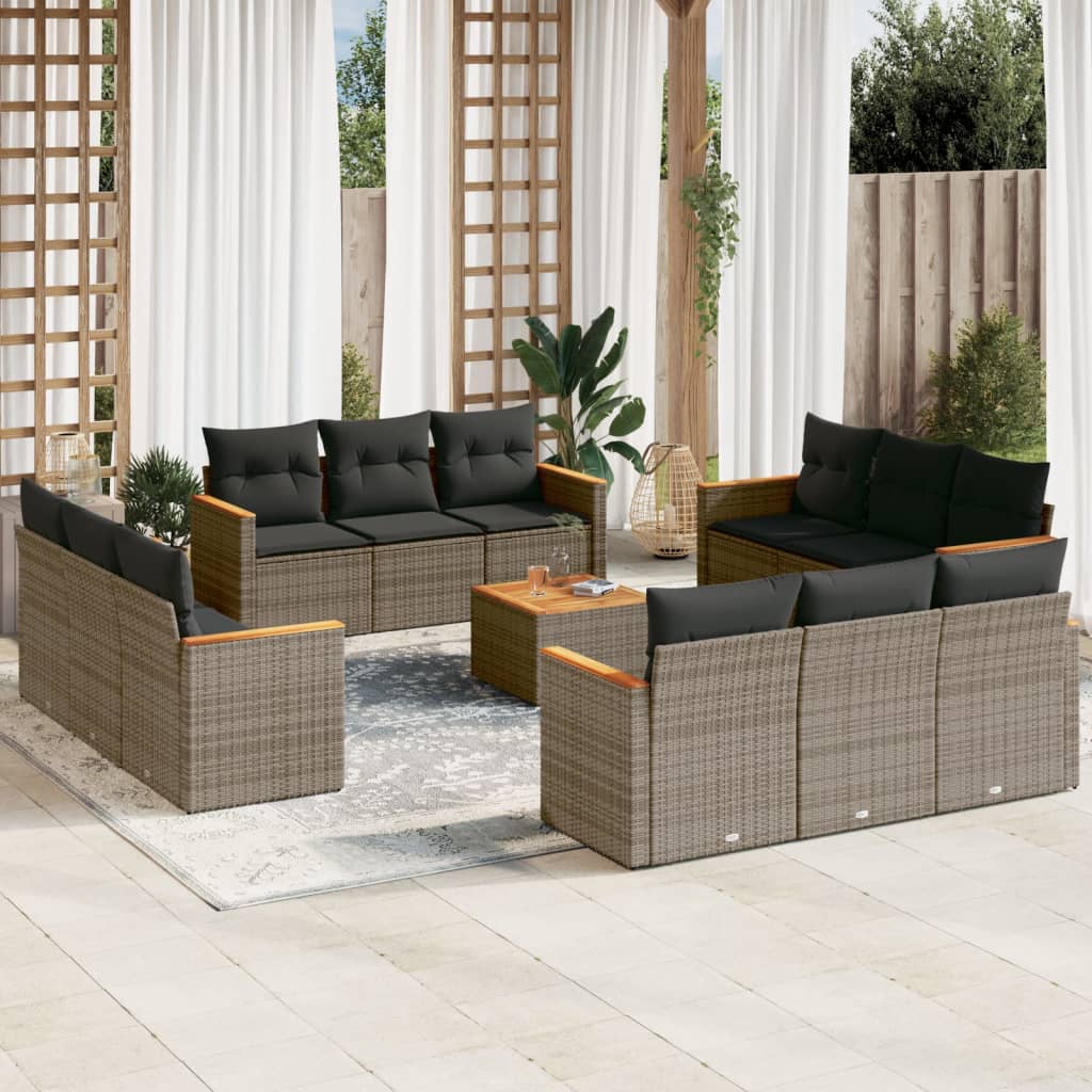 13-tlg. Garten-Sofagarnitur mit Kissen Grau Poly Rattan