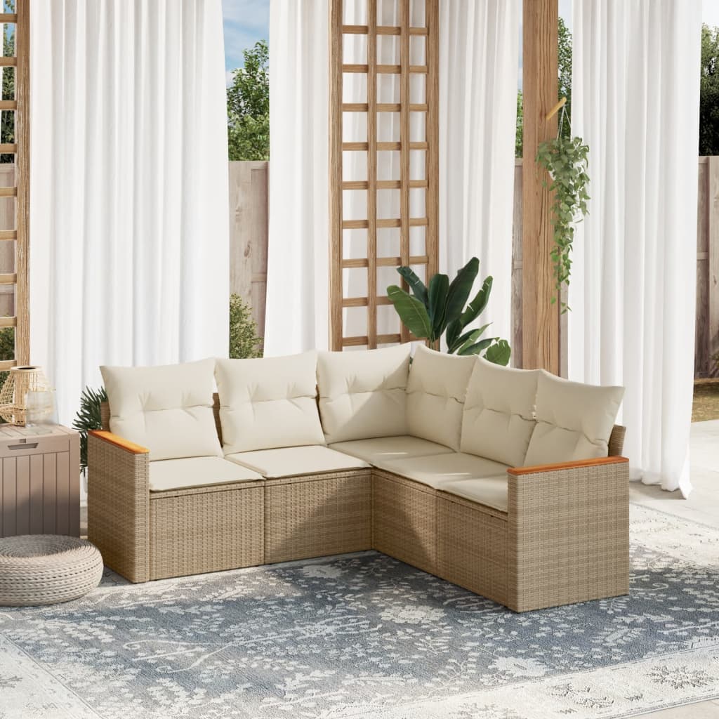 5-tlg. Garten-Sofagarnitur mit Kissen Beige Poly Rattan