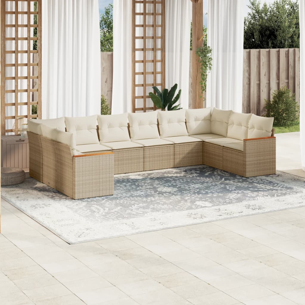 10-tlg. Garten-Sofagarnitur mit Kissen Beige Poly Rattan