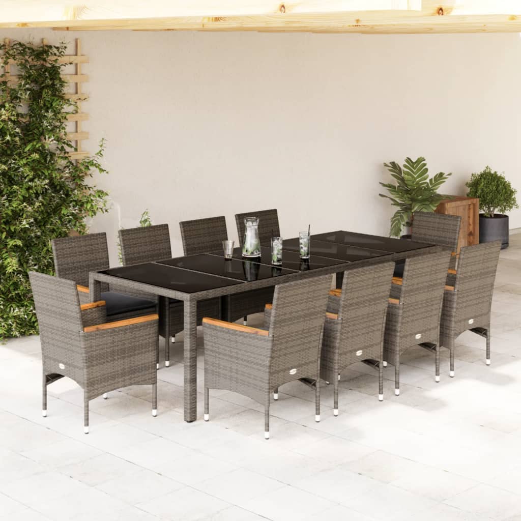 11-tlg. Garten-Essgruppe mit Kissen Grau Poly Rattan Glas