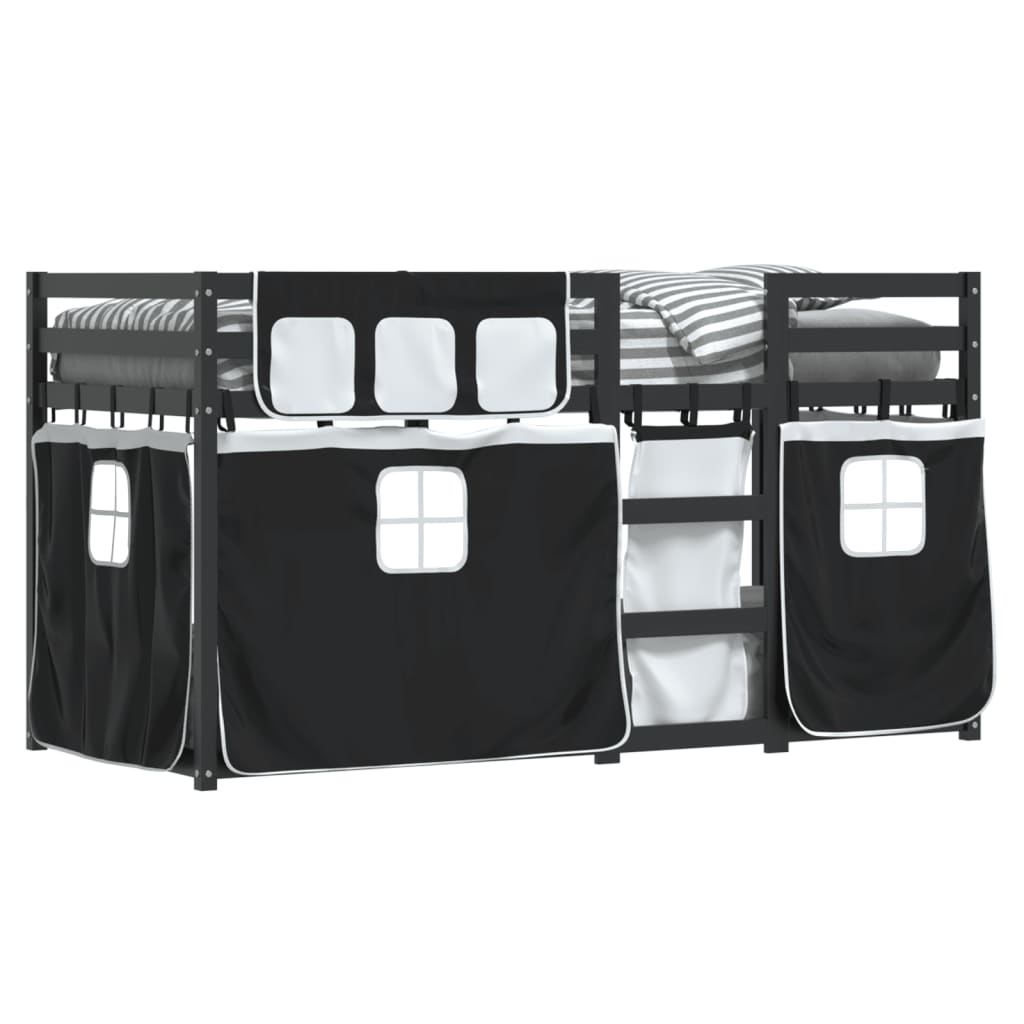Etagenbett mit Vorhängen Weiß & Schwarz 75x190 cm Kiefernholz