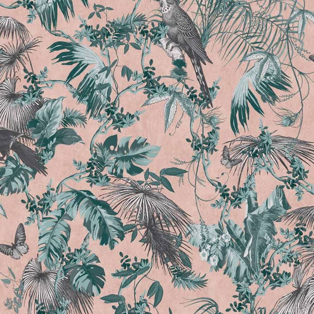 DUTCH WALLCOVERINGS wallpaper leaf and bird motif green and pink