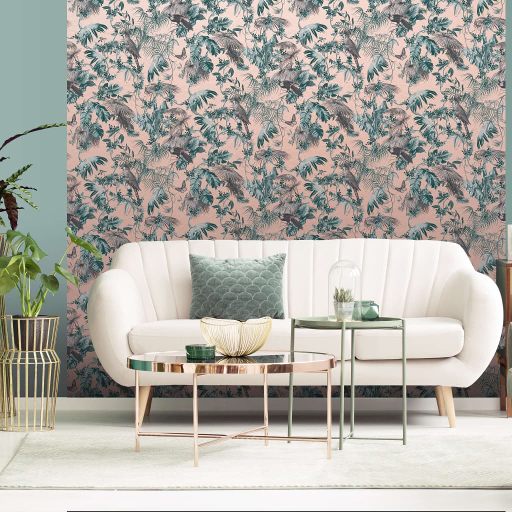 DUTCH WALLCOVERINGS wallpaper leaf and bird motif green and pink