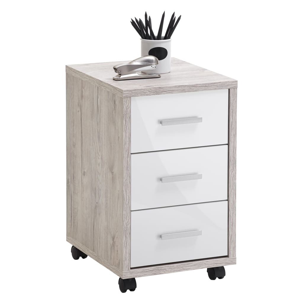 FMD drawer cabinet on wheels sand oak high gloss white