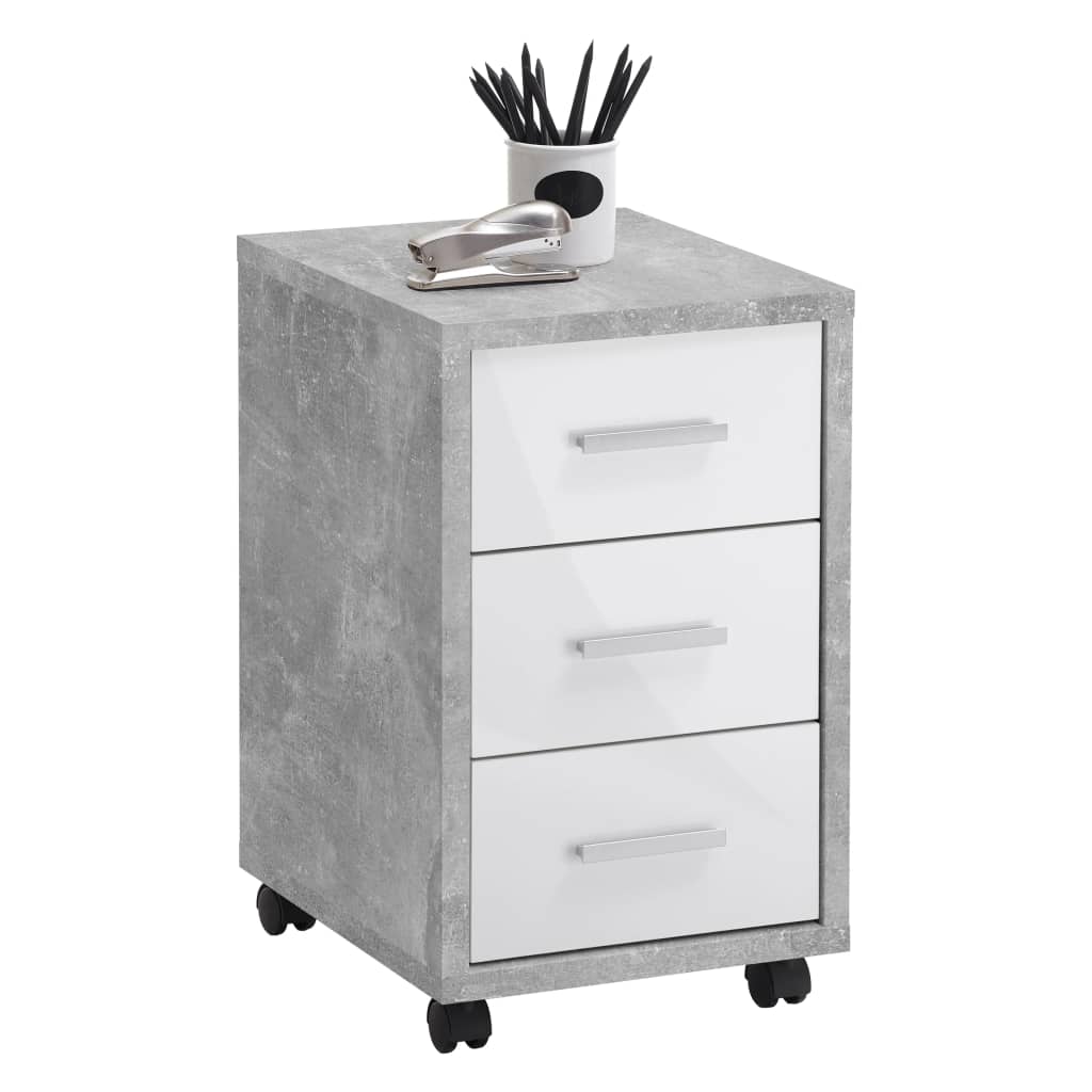 FMD drawer cabinet on wheels concrete look high gloss white